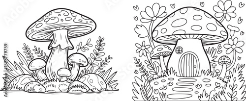 mushroom fairy house and forest fungi illustration bundle with floral elements for coloring pages, nature fantasy scenes, and children’s art
