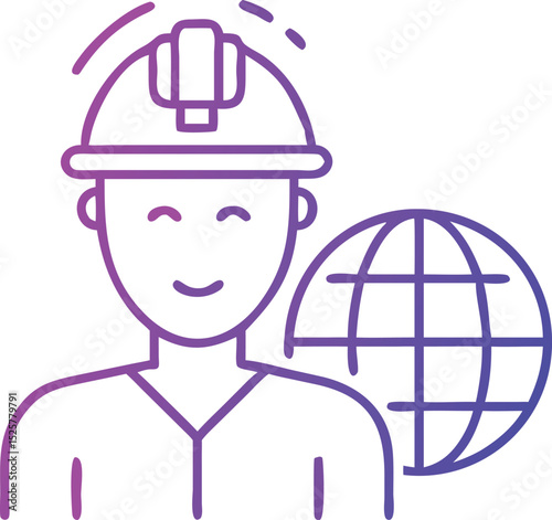 Global engineer with hard hat and globe icon represents worldwide engineering