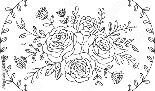 floral bouquet of blooming roses in hand-drawn black and white with leafy branches and oval frame decoration photo