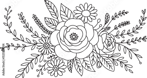  floral bouquet illustration with blooming roses, daisies, and leafy branches in elegant line art composition