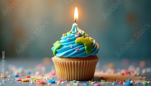 Fototapeta Naklejka Na Ścianę i Meble -  Earth day celebration concept with a cupcake and one lit candle