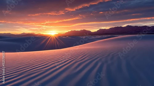 Serene sunset over undulating sand dunes with vibrant colors illuminating the desert landscape