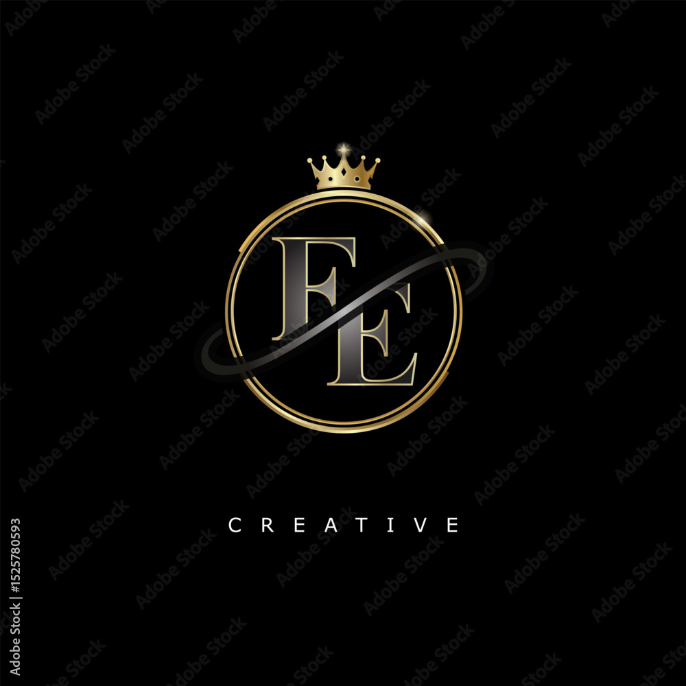 Obraz premium FE Luxury Creative Logo – Elegant Gold Monogram Letter mark with Crown, Circle & Royal Style for Fashion, Boutique, Jewelry, Branding & Premium Identity Design
