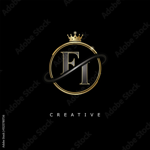 FI Luxury Creative Logo – Elegant Gold Monogram Letter mark with Crown, Circle & Royal Style for Fashion, Boutique, Jewelry, Branding & Premium Identity Design