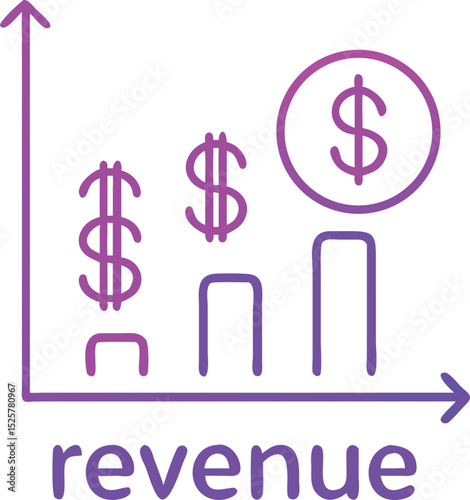 Growing revenue chart with dollar signs and upward trend in gradient purple colors
