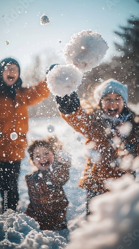 Joyful children playing in snowy winter landscape, throwing snowballs and laughing