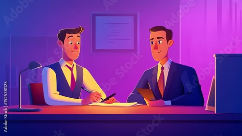 Two professionals engaged in a discussion at a desk, illuminated by warm light in a modern office