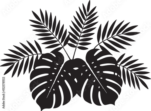 tropical leaf silhouette with monstera and palm fronds in botanical cluster design, exotic black foliage for vector decoration art