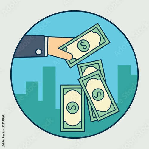 Hand with money dropping dollars in an iconic circular flat vector illustration