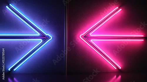 Neon arrows in blue and pink on a dark wall, creating a vibrant contrast and modern aesthetic