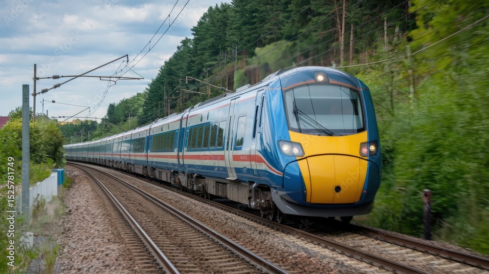 Naklejka premium A high-speed train speeds along a railway, surrounded by dense greenery and trees.