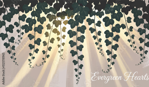  Evergreen Hearts Ivy Illustration – Cascading Heart-Shaped Vines with Sun Rays in a Dreamy Nature Forest Scene