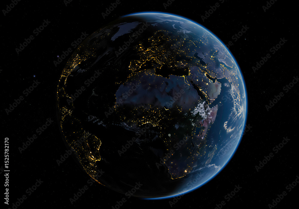 Fototapeta premium Earth at Night from Space with City Lights and Starry Sky