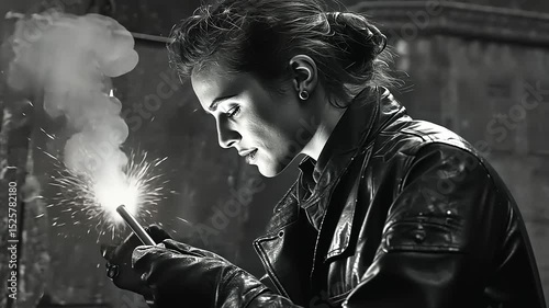 Woman in leather jacket sparks creativity while working on a metal project in a dimly lit workshop