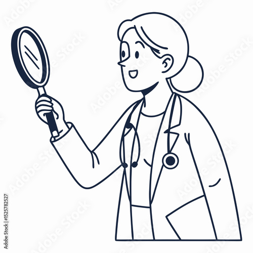 A cheerful female doctor holding a magnifying glass a perfect scalable graphic for medical branding and logo design