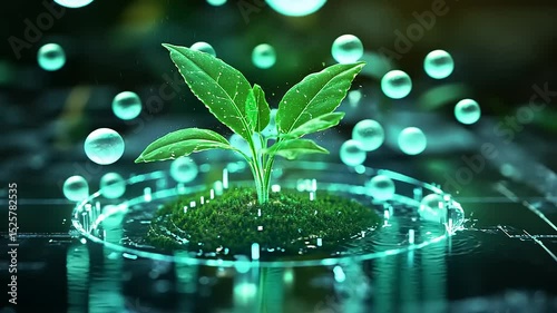 Vibrant green plant growing from moss on a digital grid, surrounded by floating bubbles and light