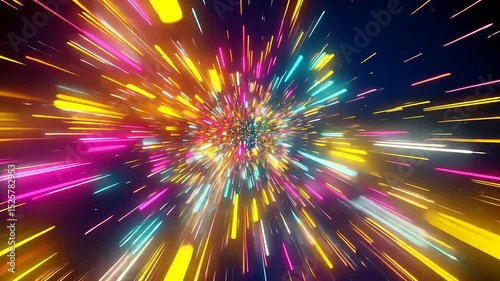 Vibrant burst of colorful light rays creating a dynamic cosmic effect in a dark space background