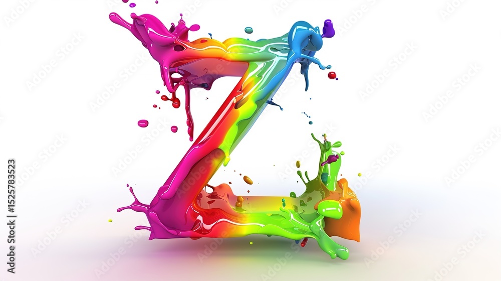 Fototapeta premium Dive into a vibrant fusion of language and art where 3D-rendered rainbow paint splatters explode into sleek English letters A-Z and bold words. Each character pulsates with energy, as vivid splatters 