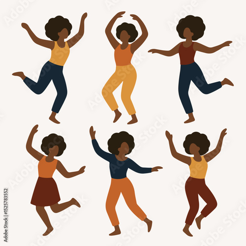 Vector Set Dancing women with afro hair in motion
