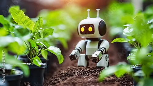 A small robot tending to young plants in a garden, showcasing technology's role in agriculture