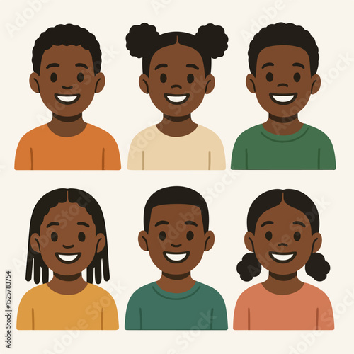 Vector Set Smiling African American children portraits
