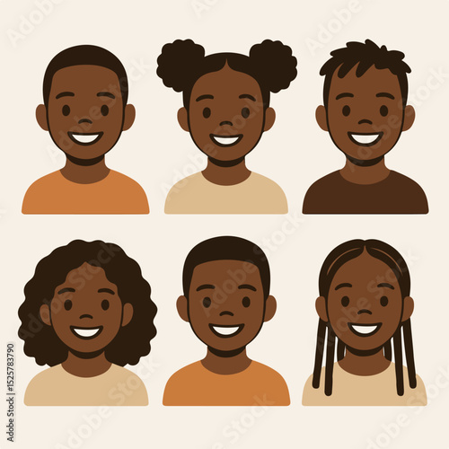 Vector Set Smiling African American children portraits