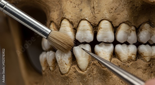 Ancient Teeth Examination: Close-up of a Skull's Jawbone Undergoing Careful Analysis with Specialized Tools