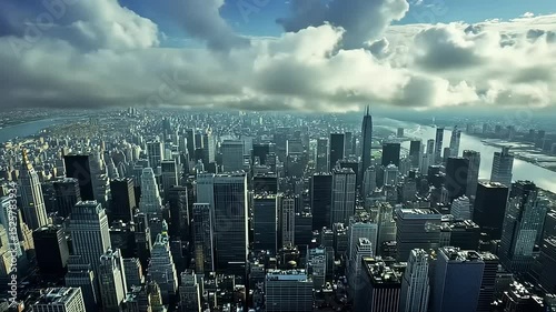 Aerial view of a bustling city skyline with skyscrapers under a dramatic sky and river in the distance