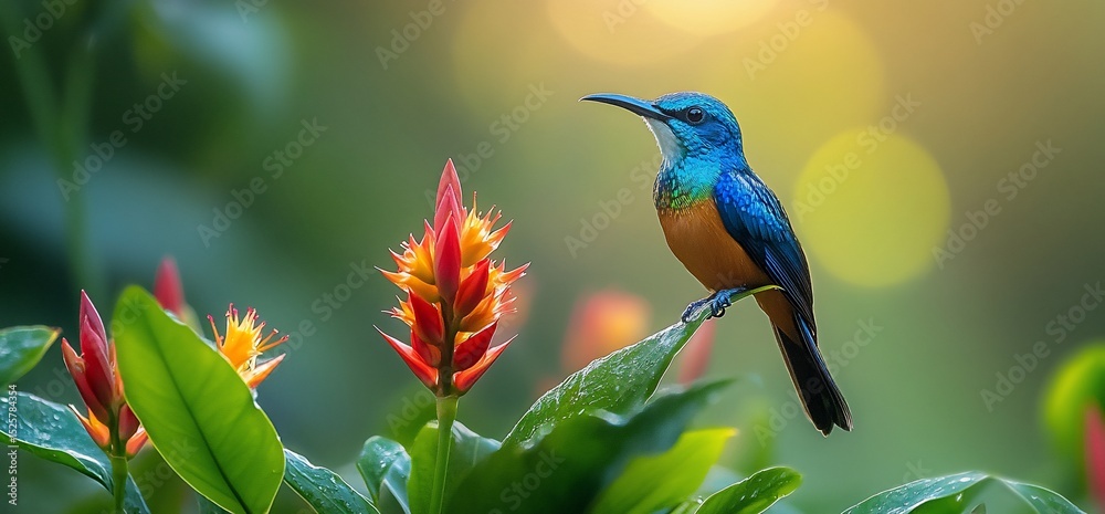 Fototapeta premium Vibrant sunbird perched amidst tropical flowers in a lush garden setting