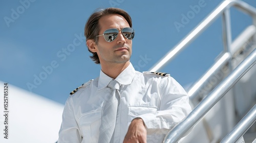 Confident Male Airline Pilot in Uniform Standing on Airplane Stairs Outdoors