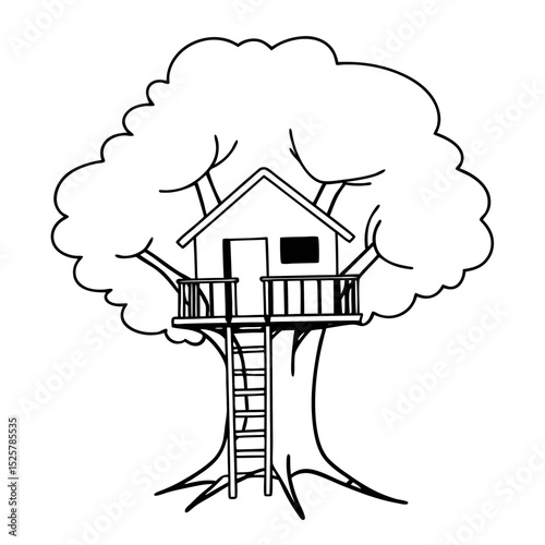 Treehouse Illustration Vector Line Art Playhouse Design Graphic