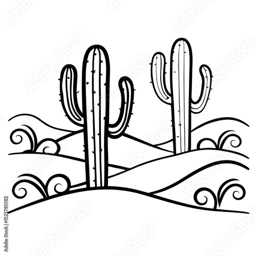 Cactus Plant Line Art Black and White Desert Vector Illustration