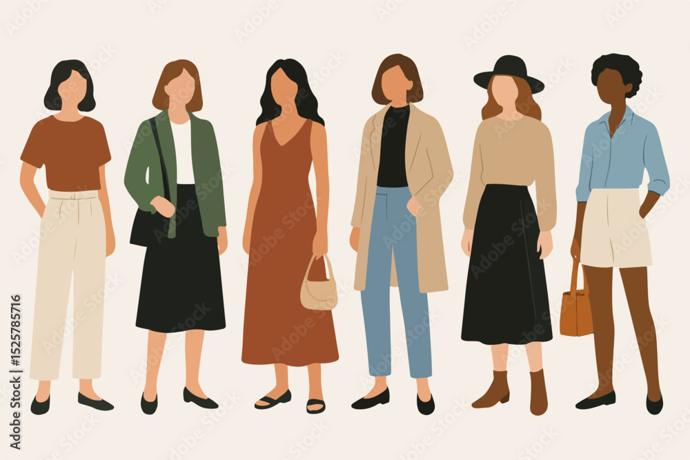 Vector Set Fashion models posing in diverse outfits Vector Set Fashion models posing in diverse outfits