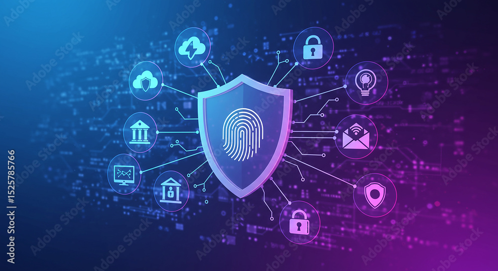 Obraz premium Cybersecurity Shield Concept with Digital Protection Icons and Secure Authentication