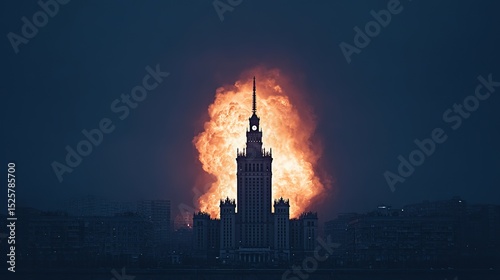 Fiery spectacle surrounds a tall building at night.