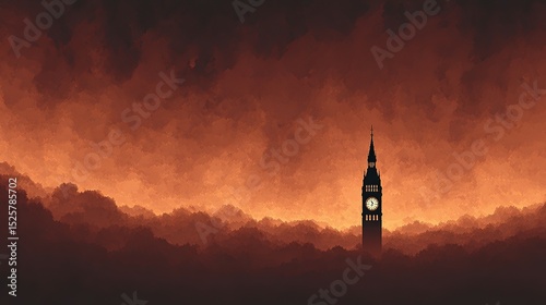 Silhouette of a clock tower against a dramatic sunset sky.