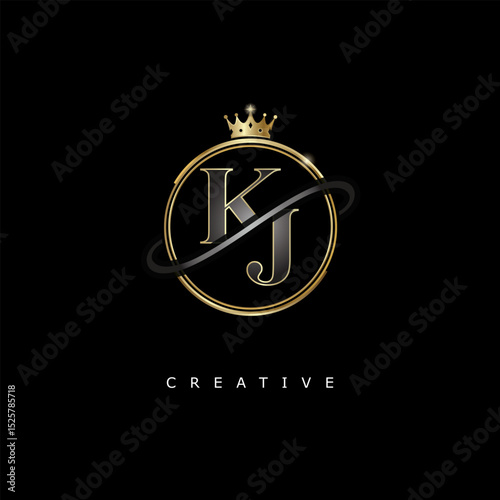 KJ Luxury Creative Logo – Elegant Gold Monogram Letter mark with Crown, Circle & Royal Style for Fashion, Boutique, Jewelry, Branding & Premium Identity Design