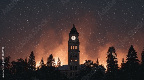 Tower clock silhouetted against a starry night sky.