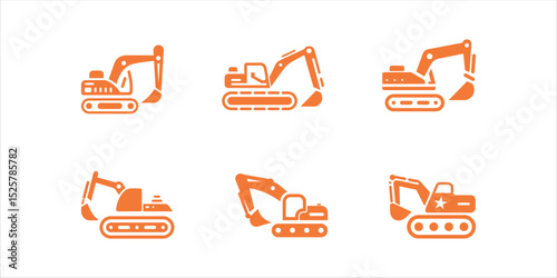 Flat Vector Excavator Icons Set, Industrial Construction Equipment Graphics