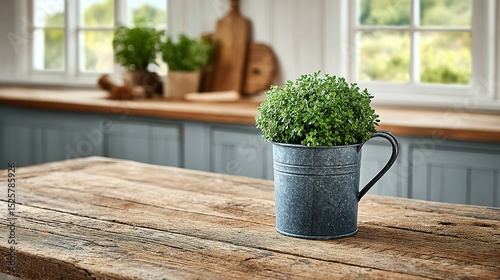 Rustic wooden table with a gray metal pitcher and herbs.