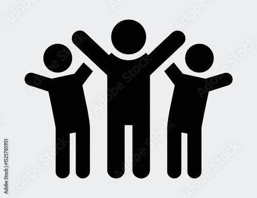 Three stick figures with raised arms standing together in a simple black and white illustration