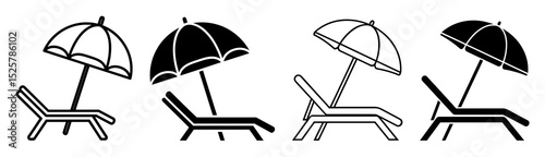 Four beach chairs with umbrellas in black and white outline summer vacation scene illustration vector