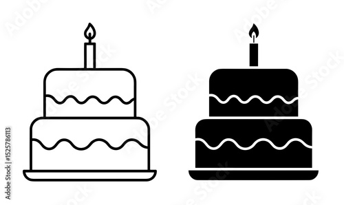 Illustration of two cakes one outlined and one filled with a single candle on top of each cake