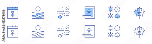 Seasons icon set in two styles, Duotone and Thin Line style. Editable stroke. spring, calendar, seasons, wind, leaf
