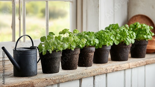 Small potted herbs arranged on a windowsill.
