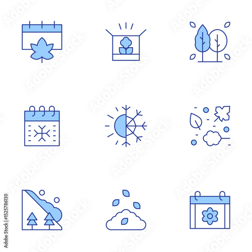 Seasons icons set. Line Duotone style, editable stroke. autumn, box, tree, calendar, season, leaves, avalanche
