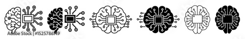Various designs of brain and computer chip representing artificial intelligence concept in black and white