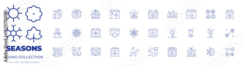 Seasons icons collection. Thin Line icons, editable stroke. spring break, bush, autumn, pollen, calendar, winter, leaves, summer, tree, dry tree, box, wreath, sun
