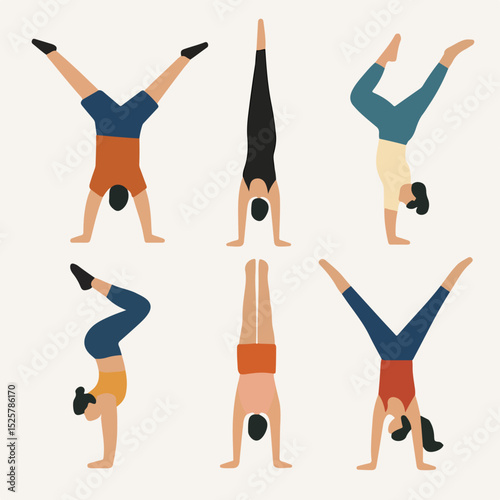 Vector Set People doing gymnastics exercise training handstand