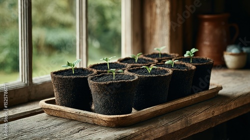 Small seedlings in dark pots on a wooden tray by a window.